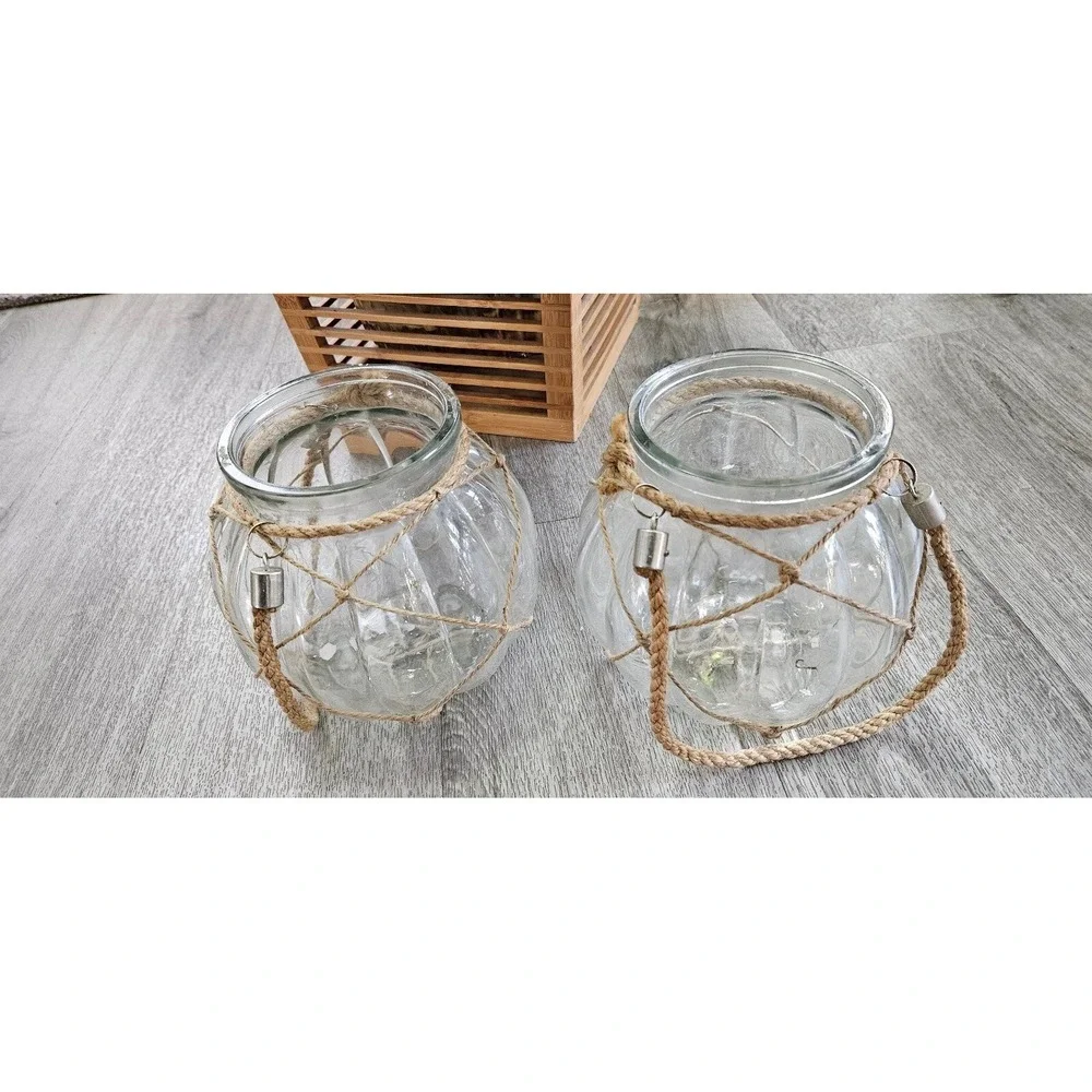 Set of 2 Nautical Glass Lanterns with Jute Rope Netting and Handles Clear Ribbed